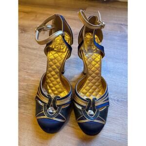 Tory Burch Quilted Gold Navy Heels Ankle Strap Logo Women’s 5 1/2 Leather Luxury